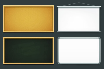 Set of board templates or mockup. Vector realistic blackboard, corkboard, plastic board and projector. Office or school eguipment for learning or presentation. Empty frames or borders.