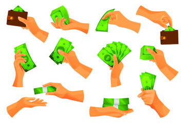 Set of money operations with cash. Hands holding banknotes and wads, green buck or paper currency. Vector payment, purchase and financial commerce. Investment, savings and wealth theme.