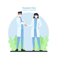 Man and woman doctor stand with thank you text