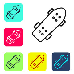 Black line Skateboard icon isolated on white background. Extreme sport. Sport equipment. Set icons in color square buttons. Vector