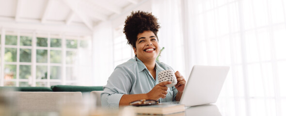 Woman taking break while working from home