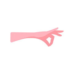 The hand holds the fingers pinch down. Close your index finger and big finger. Hand gesture, pour, pinch, grab, hold. Vector illustration, flat cartoon design, isolated on white background, eps 10.