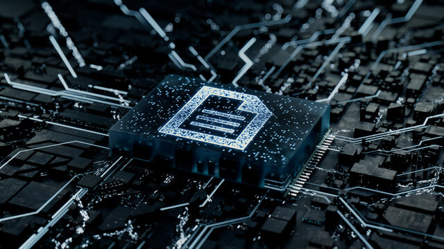 Word document Technology Concept with document symbol on a Microchip. Data flows from the CPU across a Futuristic Motherboard. 3D render.