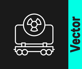 White line Radioactive cargo train wagon icon isolated on black background. Freight car. Railroad transportation. Vector