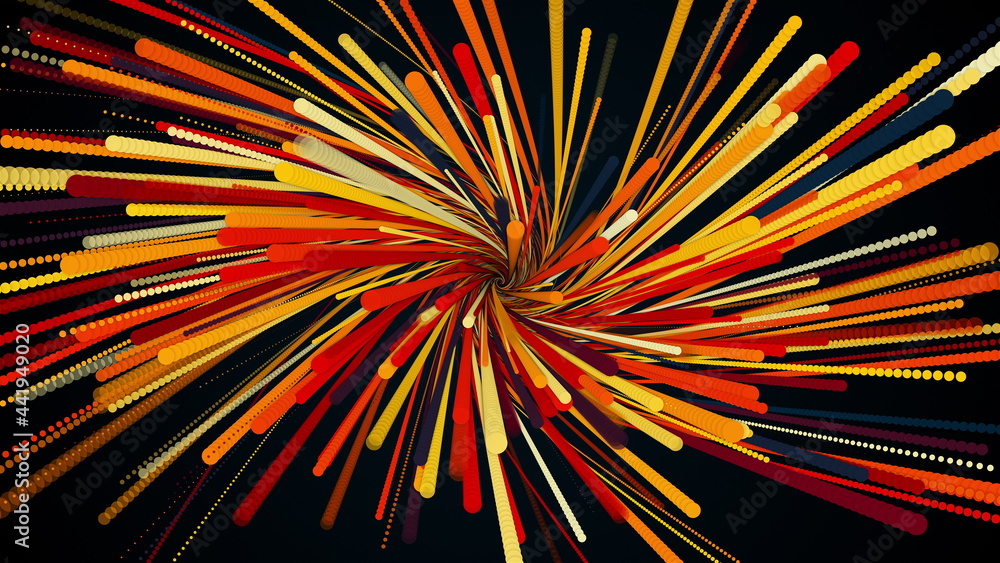 Poster computer generated spiral fireworks made of multicolored lines and particles. 3d rendering of an abs
