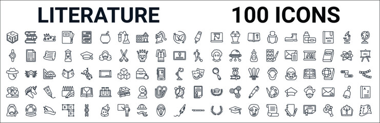 outline set of literature line icons. linear vector icons such as books,watch,soccer,long john silver,theater,romeo and juliet,thesis,flute. vector illustration