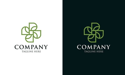Modern health technology logo with leaves. Health care clinic, pharmacy, hospital, science, innovation, medical center logo. Bio medicine, treatment icon.