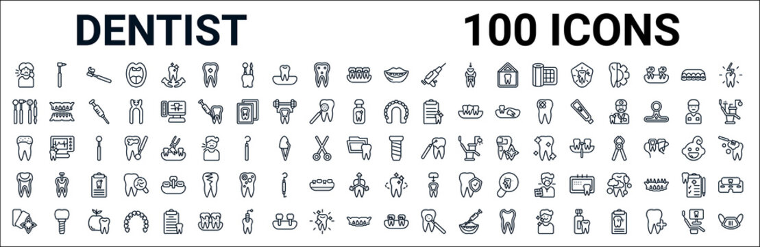outline set of dentist line icons. linear vector icons such as dentists drill tool,dentist tools,maxilla,holed tooth,implant fixture,tooth filling,tooth whitening,dental plaque. vector illustration