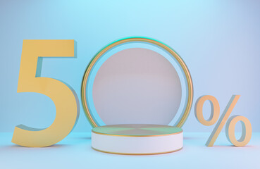 White and Gold podium and text 50% for product presentation and golden arch on white wall with lighting background luxury style.,3d model and illustration.