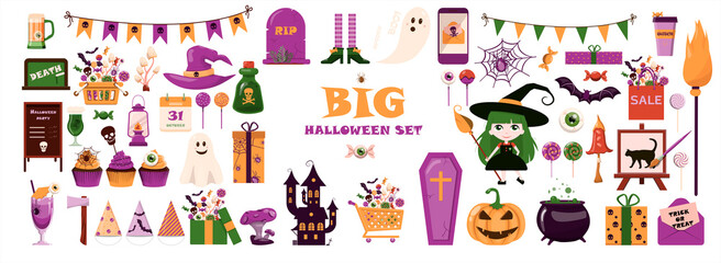 A big vector set for Halloween. Flat design. Cartoon template for invitations, advertisements, posters, banners, party, postcards. Bright cute pictures for All Saints Day on October 31