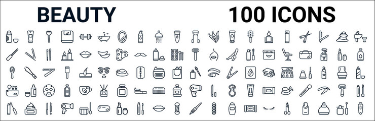 outline set of beauty line icons. linear vector icons such as cream,manicure,razor,hand mirror,serum,makeup brush,hairdryer facing left,curlers. vector illustration