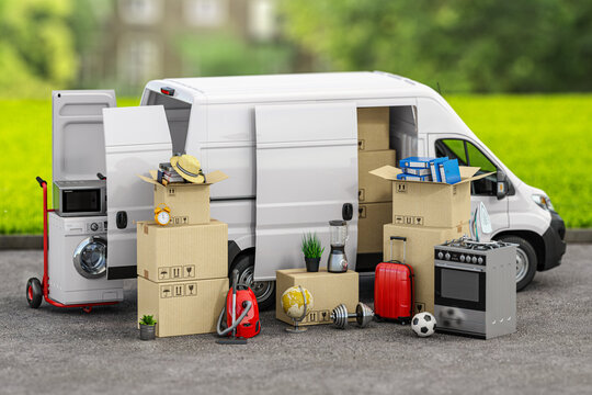 Delivery van full of household staff, boces and appliances. Moving to new house and family relocation concept.