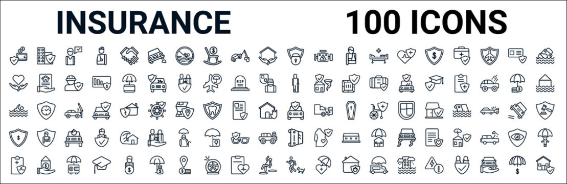 outline set of insurance line icons. linear vector icons such as building insurance,safe,wounded,drown,repair,insurance of a shield with dollar,overturned vehicle,bite. vector illustration
