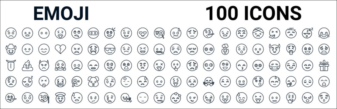 outline set of emoji line icons. linear vector icons such as frowning with open mouth emoji,cowboy hat emoji,suspect emoji,tongue emoji,shushing emoji,inju emoji,rich emoji,love emoji. vector
