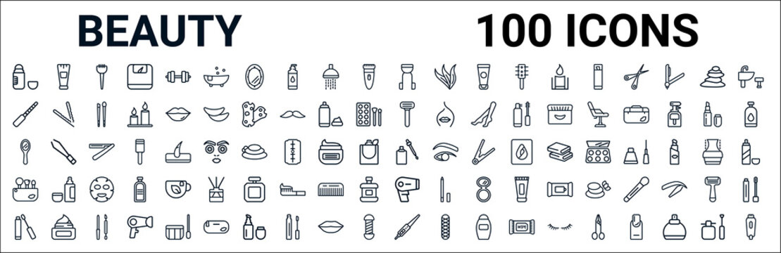 outline set of beauty line icons. linear vector icons such as cream,manicure,razor,hand mirror,serum,makeup brush,hairdryer facing left,curlers. vector illustration