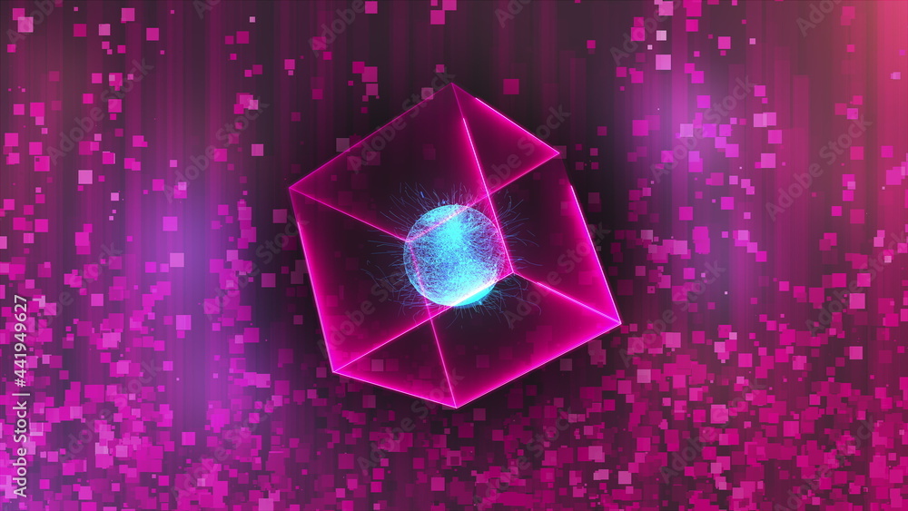 Poster neon cube with data center in zero gravity on an glare abstract background, computer generated 3d re