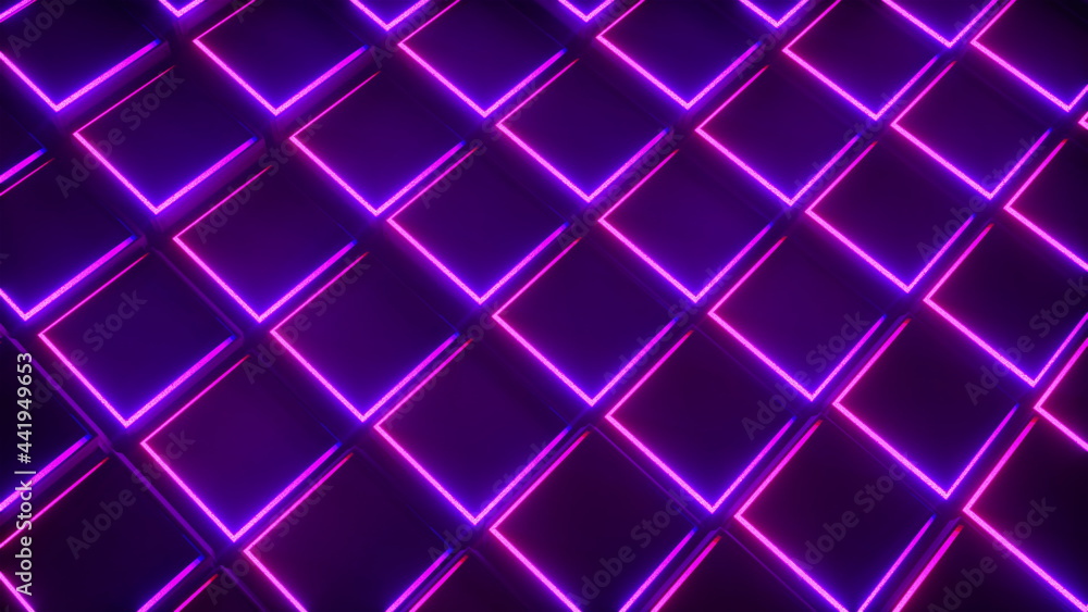 Poster 3d rendering background of neon cubes forming a grid. computer generated abstract frame.