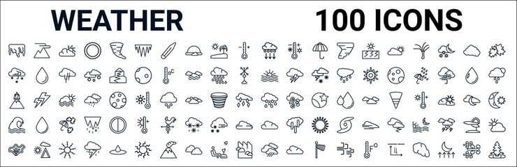 outline set of weather line icons. linear vector icons such as aurora,snow storms,dawn,eruption,rainy day,tsunami,meteorology,rainfall. vector illustration - obrazy, fototapety, plakaty