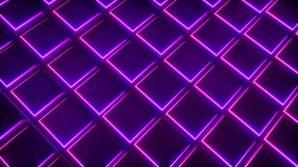 3d rendering background of neon cubes forming a grid. Computer generated abstract frame.