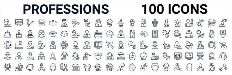 outline set of professions line icons. linear vector icons such as computer systems analyst,concierge,financial manager,obstetrician and gynecologist,superhero,fisherman,swat,statistician. vector - obrazy, fototapety, plakaty