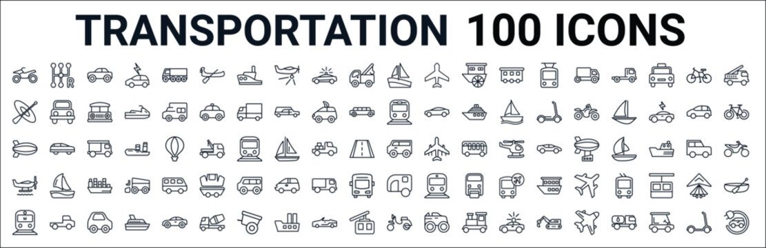 outline set of transportation line icons. linear vector icons such as gear box,kayak,light rail,zeppelin,minivan,hydroplane,caravan. vector illustration