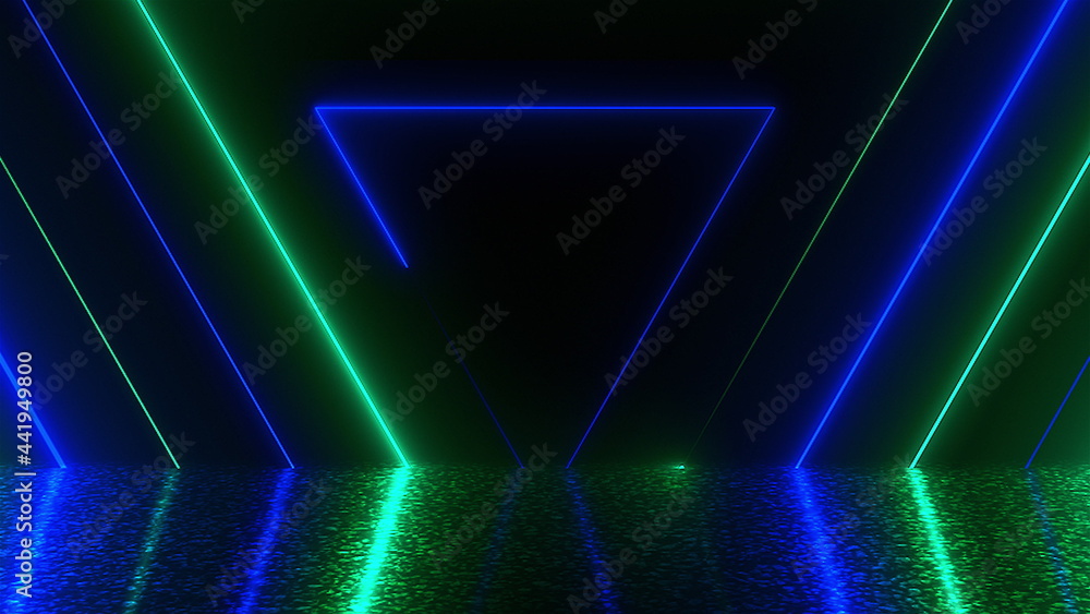 Poster many neon triangles in space, abstract computer generated backdrop, 3d rendering backdround