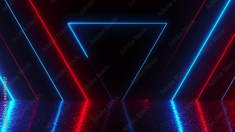 Poster many neon triangles in space, abstract computer generated backdrop, 3d rendering backdround