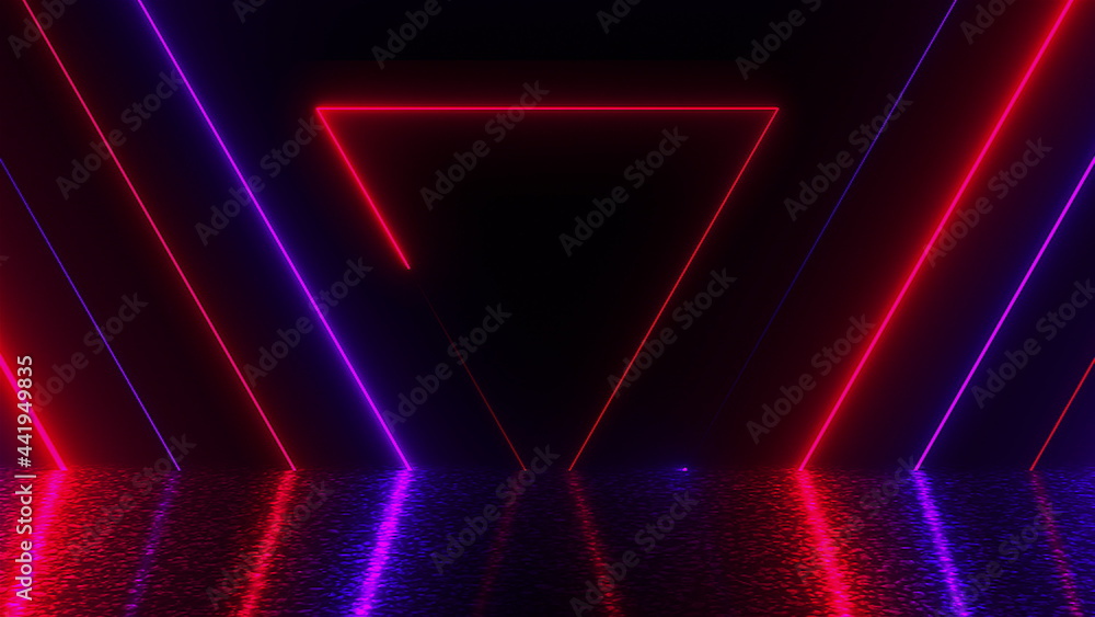 Poster many neon triangles in space, abstract computer generated backdrop, 3d rendering backdround