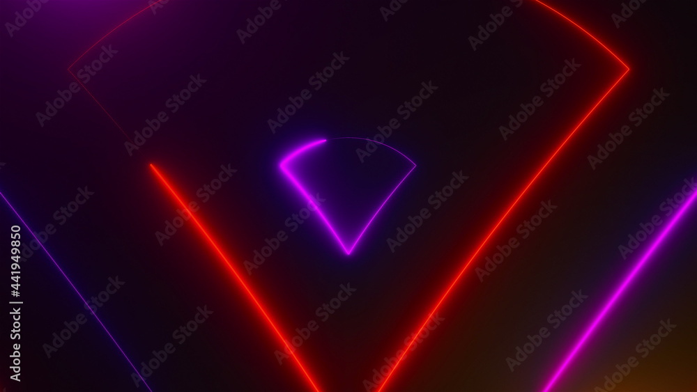 Poster many neon triangles in space, abstract computer generated backdrop, 3d rendering backdround