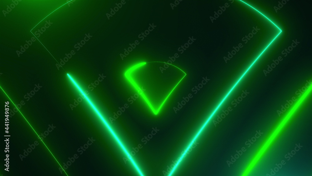Poster many neon triangles in space, abstract computer generated backdrop, 3d rendering backdround