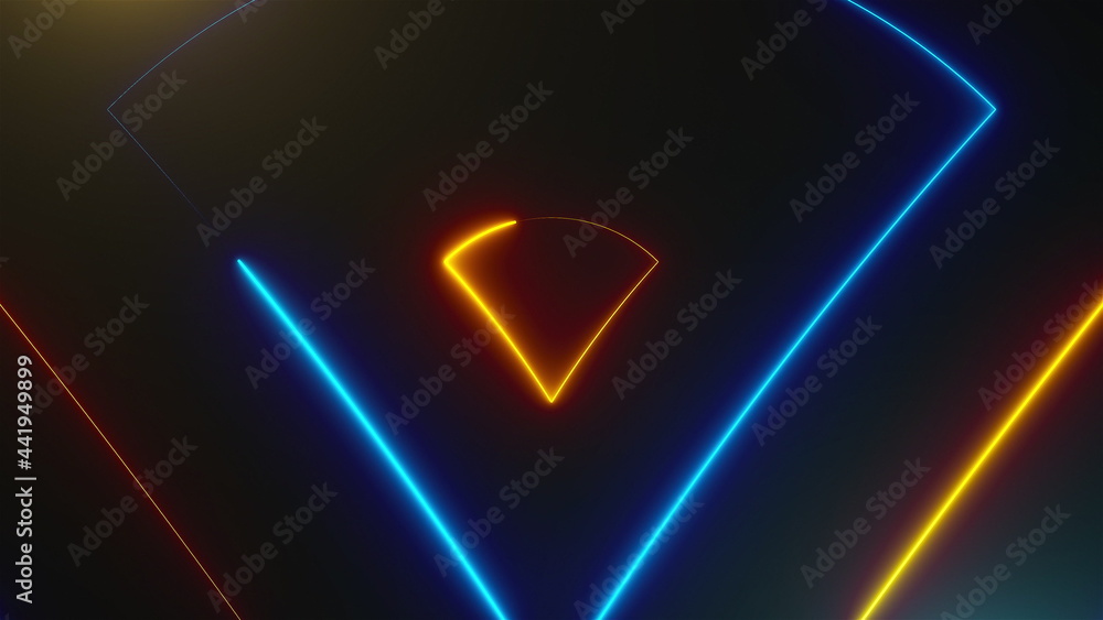 Aufkleber many neon triangles in space, abstract computer generated backdrop, 3d rendering backdround