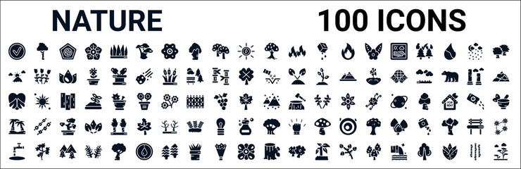 Obraz premium set of 100 glyph nature web icons. filled icons such as paper birch tree,sunset fuji mountain,sow,love nature,mountains and falling snowflakes,palm islands,the oaks tree,trunk. vector illustration