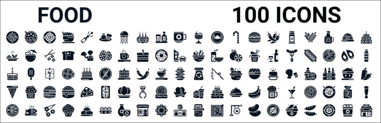 set of 100 glyph food web icons. filled icons such as luosifen,spicy food,healthy food,celebration cake,fodder,triangular pizza slice,hamburger and drink,sardines. vector illustration