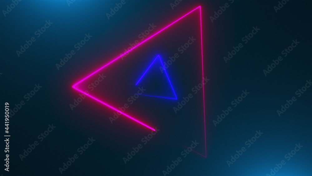 Poster many neon triangles in space, abstract computer generated backdrop, 3d rendering backdround