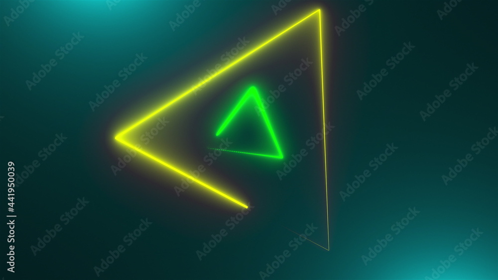 Poster many neon triangles in space, abstract computer generated backdrop, 3d rendering backdround