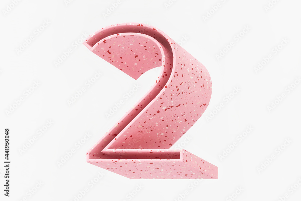 Aufkleber cute 3d number 2 solid long shadow design. pink pastel color with white and red specks like terrazzo