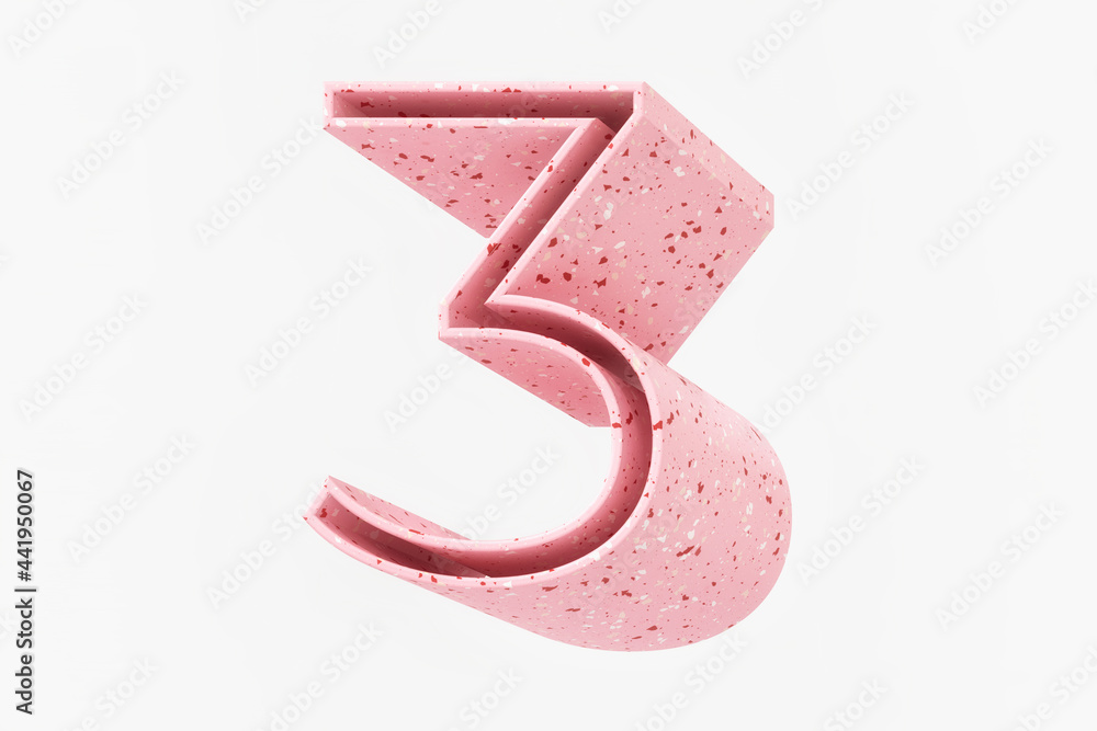 Poster soft pink modern 3d extruded font number 3. pink and red tones terrazzo material. rich pattern high 