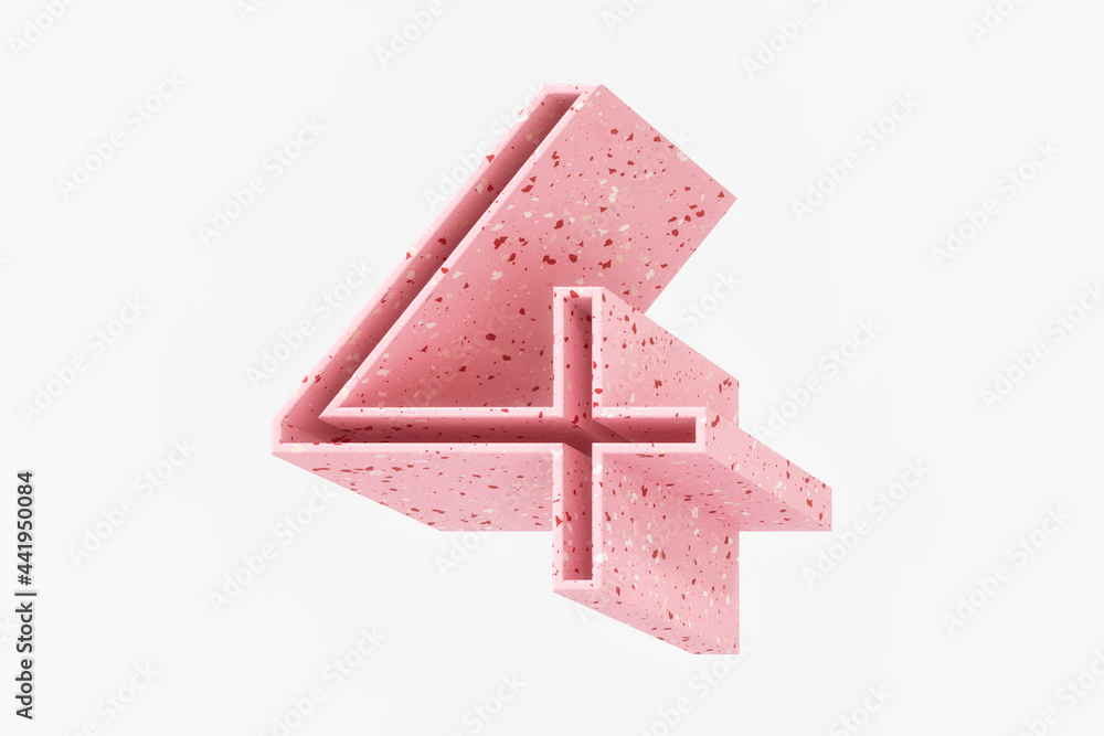 Poster 3d isometric font solid shadow design. number 4 made of a soft pink color terrazzo pattern. high def