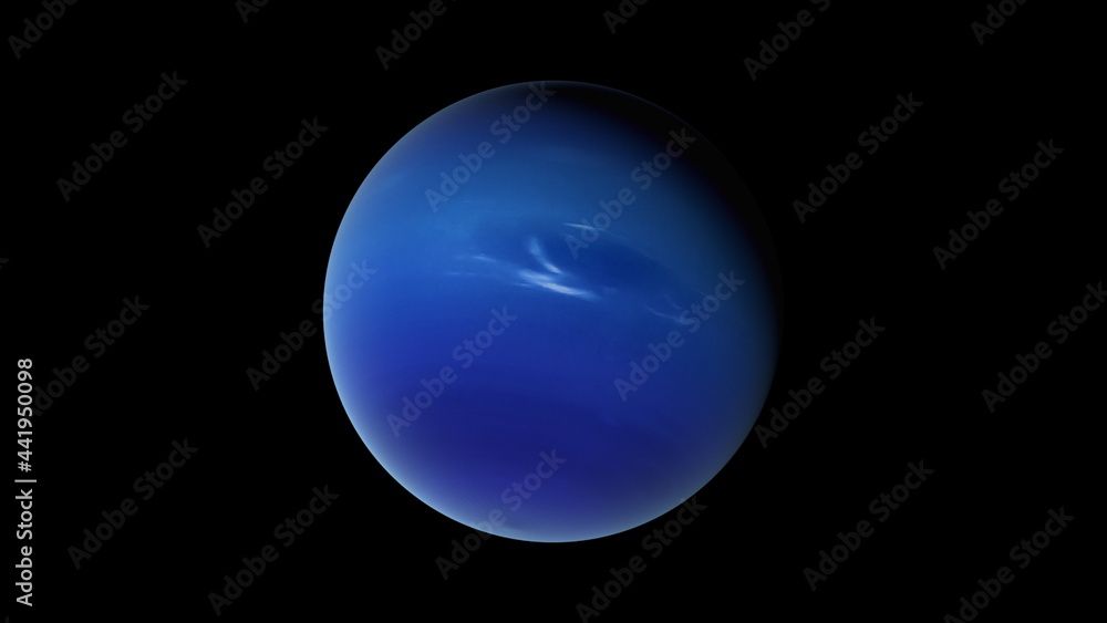 Poster rotation of the blue planet neptune in cosmic stellar space, computer generated. 3d rendering of rea