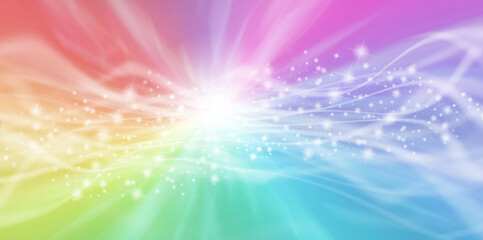 Colour healing energy flow sparkle banner - Radiating graduated rainbow colour background with flowing white lines and sparkles through the centre and a white central burst of light 
 - obrazy, fototapety, plakaty