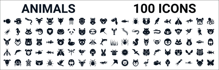 set of 100 glyph animals web icons. filled icons such as flounder,silverfish,lobster,kangaroo,seaweed,wasp,cow,manta ray. vector illustration