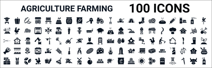 set of 100 glyph agriculture farming web icons. filled icons such as capsicum,farm field,poo,shears,farm products,meat,hanging pot,barrow. vector illustration © Digital Bazaar