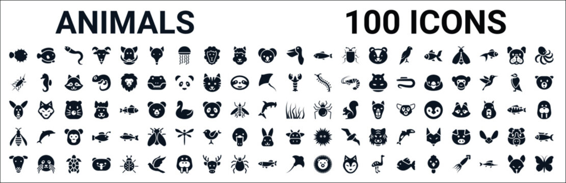 set of 100 glyph animals web icons. filled icons such as flounder,silverfish,lobster,kangaroo,seaweed,wasp,cow,manta ray. vector illustration