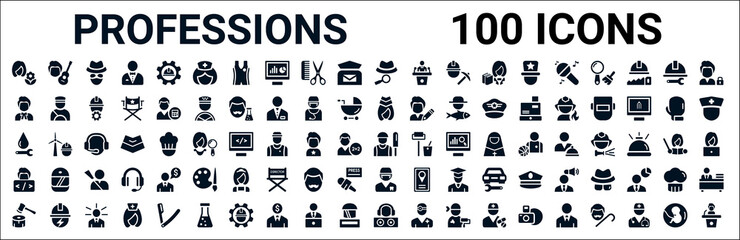 set of 100 glyph professions web icons. filled icons such as musician,lawyer,stewardess,plumber,cricket player,programmer,orthodontist,dj. vector illustration