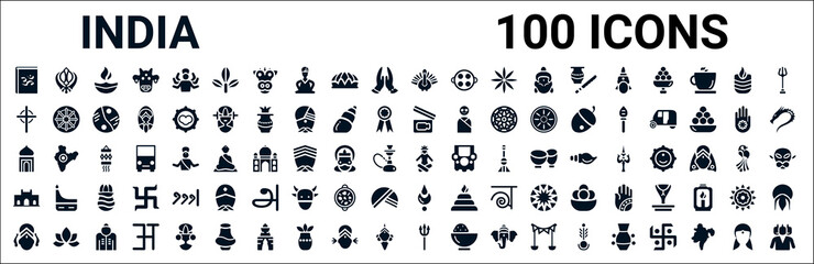 set of 100 glyph india web icons. filled icons such as sikhism,gnostic,bollywood,uttar pradesh,lakshmi,gate of india,devi,trident. vector illustration - obrazy, fototapety, plakaty