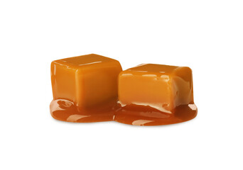 Caramel candies with topping on white background