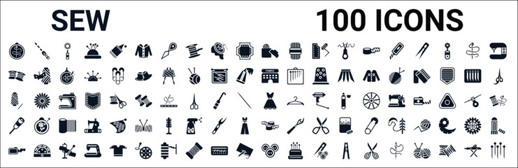 set of 100 glyph sew web icons. filled icons such as textile,bobbin,fabric,thread spool,clothes,awl,measuring tape,button. vector illustration