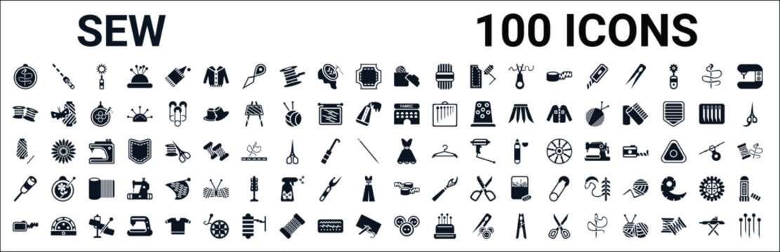 set of 100 glyph sew web icons. filled icons such as textile,bobbin,fabric,thread spool,clothes,awl,measuring tape,button. vector illustration