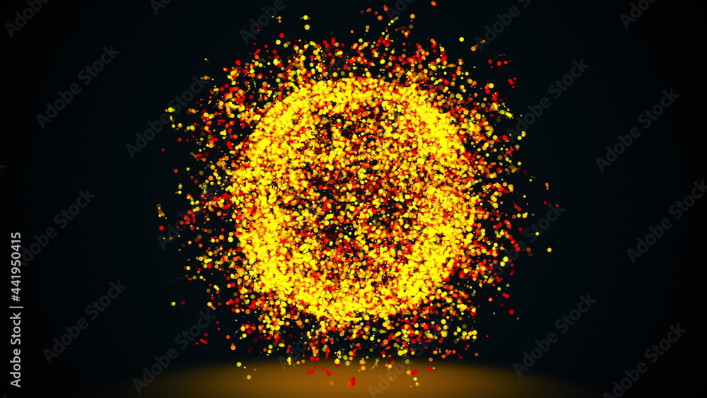 Aufkleber 3d rendering, computer generated abstract sphere or ball of golden shimmering particles on a black b