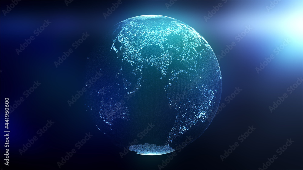 Poster globe composed of particles and dots illuminated by rays of light. computer generated 3d rendering o